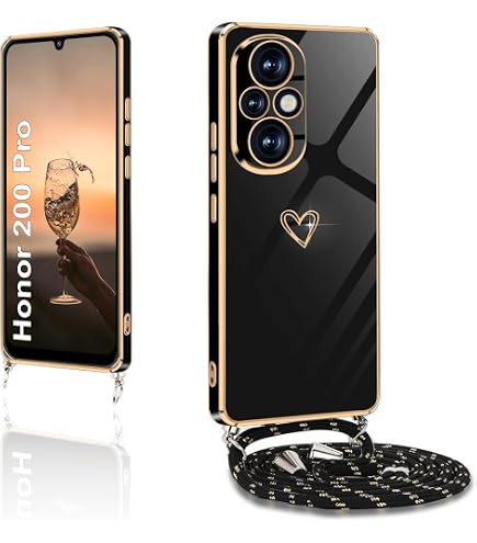 Clear Necklace Case For HONOR 90 - TPU Silicone Phone Case With Adjustable Neck Strap/Cord (Black)