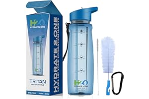 HYDRATE 2.ONE Butelka na wodę ze słomką, szczelna plastikowa butelka dla dorosłych, motywacyjne oznaczenia czasu do picia, butelka na napoje sportowa bez BPA, na siłownię, dla mężczyzn, kobiet, dzieci, butelka na napoje wielokrotnego użytku, 750 ml (francuski niebieski)