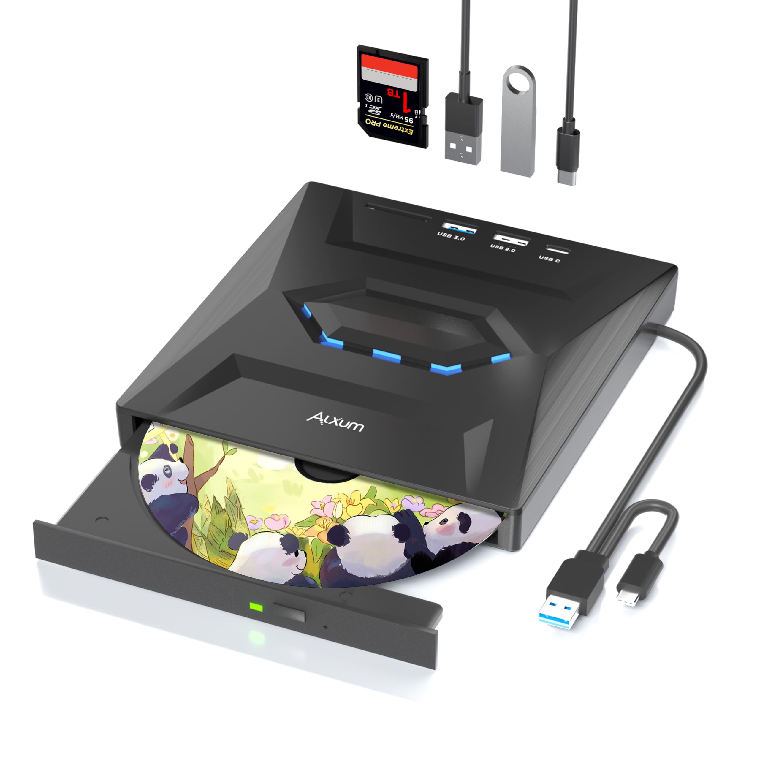 Alxum External CD/DVD Drive for Laptop, Type-C USB 3.0 Portable Player Burner With SD Slot & USB Ports, 8X DVD 24X CD Super Fast Speed for Windows/Mac OS/Linux/Vista