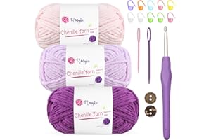 ‎RENYIZ Chenille Wolle zum Häkeln 3x50g(60m/rolle) Flauschige Chenille Garn-Set mit 5mm Häkelnadel & Accessoires Weiche Babywolle für Häkeln & Stricken Chunky, kuschelige Wolle für DIY-Projekte