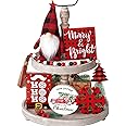 KAHEIGN Buffalo Plaid Christmas Tiered Tray Decorations Set, 22CM Gnomes Plush with 4Pcs 12CM Wooden Sign and 57CM Wood Bead Garland - for Christmas Home Table Fireplace Decoration (TRAY NOT INCLUDED)