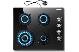 Karinear Gas Hob, 4 Burners Cas Hob with 13AMP Plug, Gas Hob 60cm Glass LPG/NG with Thermocouple Protection