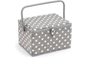 Hobby Gift Costurero grande exclusivo, caja de almacenamiento para manualidades, bandeja para accesorios, alfiletero, mango de PVC, 23,5 x 31 x 20 cm, gris lunares
