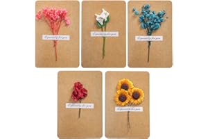 GGUFAY 5 Pcs Tarjeta de Felicitación, Postales Vintage con Flores Secas Decoradas Postales, Tarjeta Kraft Felicitacion Cumpleaños Bebe Regalo Sobres Navidad Boda (15 * 10cm)