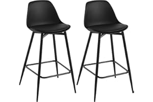 Klihome Sgabelli da Cucina, Sgabelli da Bar Set di 2, Sgabelli da Bar per Colazione con Schienale, con Sedile in PP Imbottito e Struttura in Metallo con Poggiapiedi, Nero, K0001BH-2