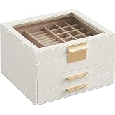 SONGMICS 3 Level Glass Lid Jewelry Box, 2 Drawers, Large Storage Area, Modern, Gift for Your Loved Ones, Cloud White