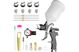 RRJ HVLP Spray Gun, Paint Sprayer with 4 Nozzles 1.4/1.7/2/2.5mm Nozzle & Pressure Gauge, 600ML Cup, Gravity Feed Air Spray Gun for House, Fence, DIY