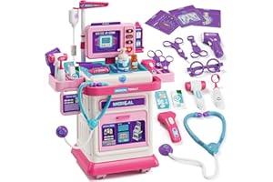 Lehoo Castle Arztkoffer Kinder, Arztwagen mit Ton & Licht, Doktorkoffer Kinder, Arztkoffer mit Stethoskop, Spielzeug ab 3 Jahre, Mädchen Geschenke 3 Jahre Medizinischer Kinderwagen(Rosa)