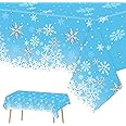 2PCS Christmas Tablecloth,130*220cm Blue Snowflake Xmas Party Table Cover,Disposable Rectangle Christmas Plastic Table Cloth for Christmas Party,Winter Holiday Frozen Party,Christmas Table Decoration