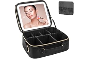 iFalarila Make up Tasche mit LED Spiegel | 3 Farben und stufenloser Dimmbarkeit| Großer Pinselstauraum Kosmetiktasche, USB-C Aufladung, Reisebox für Damen, Kosmetikspiegel – Schwarz