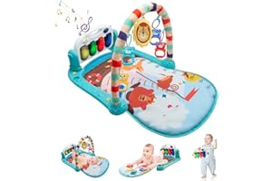WHDJSPIN® Baby Play Mat, Baby Gym Piano Mat with Music, Light and Rattles, Thicken Baby Play Gym for Newborn 0-36 Months, Baby Sensory Tummy Time Mat, Blue Zoo Print