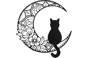 BGJJGT Arte de pared de metal negro con gato y luna, decoración de pared de metal de 13 pulgadas, arte de pared de fase lunar, silueta de gato, adorno para colgar en la pared