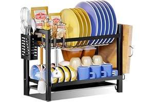 MAISITOO Scolapiatti Nero 2 Ripiani in Acciaio Inox - Da Lavello e Da Appoggio Con Vassoi di Scarico, Scaffale per Tagliere e Portaposate