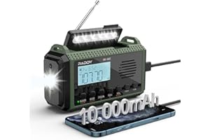 [10.000-mAh-Akku] Raddy SH-905 Notfallradio, Handkurbel, Solar, AM/FM/SW/NOAA-Wetterwarnung, tragbares Wetterradio mit Taschen- & Leselampe, SOS, Batterie-Backup für Stromausfall & Camping