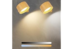 Diealles Shine LED Wandleuchte Innen 2 Stück, Aufladbare Wandleuchten mit 3 Helligkeit und 3 Farbe, 360° Drehbarer Touch Control Akku Wandlampe für Schlafzimmer Küche Badezimmer Wohnzimmer (Holzfarbe)