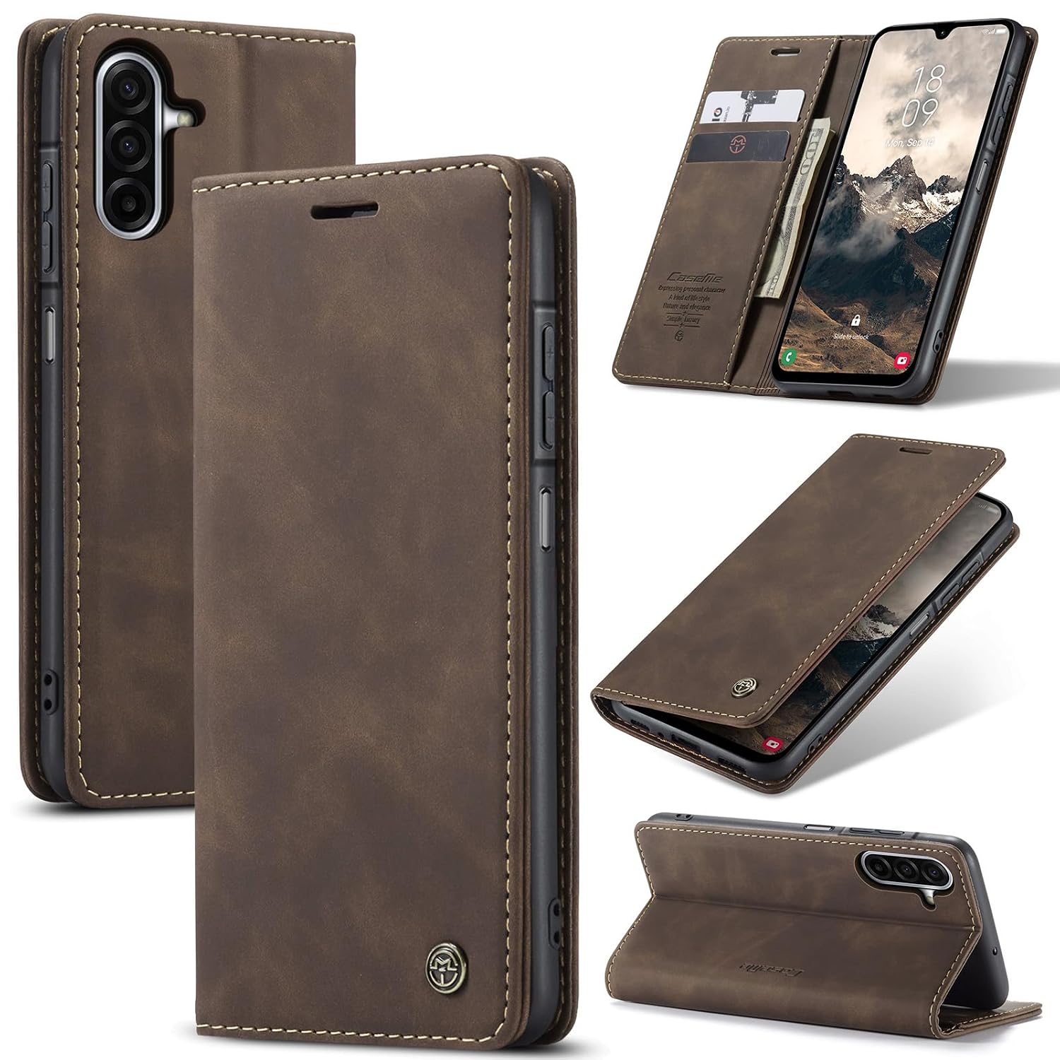 Azororo Beschermhoes voor Samsung Galaxy A17 5G, premium lederen beschermhoes, portefeuille, flip case, magneetsluiting, beschermhoes voor Samsung Galaxy A17, koffiebruin