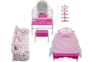 NCONCO 8 Pcs Princess Furniture Accessories Kids Gift 1xDresser Set + 1x Sofa Set+1xBed Set + 5x Hangers For Barbie Doll