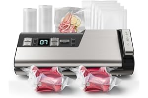 Mesliese Macchina per sottovuoto, 95kPa, 140W, con una sola mano, doppia striscia di tenuta con taglierina integrata e display conto alla rovescia, 2 rotoli di sacchetti