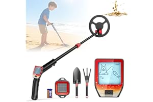 JRADSE Metal Detector Bambini, Metal Detector per Bambino Leggero con Asta Regolabile 66-83 cm, Display LCD e Bobina di Ricerca Impermeabile, Pala, Rastrello e Setaccio, Rosso