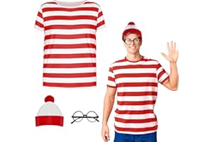 BEAMELY Wally Costume Cosplay Accessories Set with Red and White Striped T-Shirt, Beanie Hat, Black Nerd Glasses Fancy Dress for Adult, Kids World Book Day, Halloween，School Dress up Day
