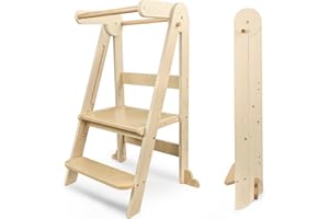 RYTSAS Foldable Learning Tower, Wooden Toddler Tower with Non-Slip Design, Kids Kitchen Helper with 3 Adjustable Heights & Safety Rails, Montessori Step Stool for Kitchen Counter Bathroom (Natural)