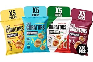 THE CURATORS High Protein Pork Puffs Variety Pack, 5 x Original Salted, 5 x Smoky Bacon, 5 x Tajin, 5 x Salt & Vinegar 25g (20 Packs) Crisp Low Carb Keto Gluten Free Savoury Snack