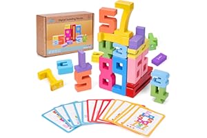 Azazaza Wooden Number Blocks, Montessori Building and Stacking Toys Puzzle for Kids 3+ Years Old (20 Pieces, 15 Cards)