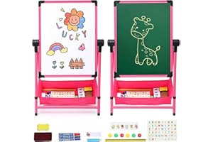 NUKIED Kids Art Easel Double Sided Iron Easel Whiteboard Chalkboard 26inch-43inch Height Adjustable 360° Rotating Easel Standing Drawing Board with Bonus Letters and Numbers(Pink)