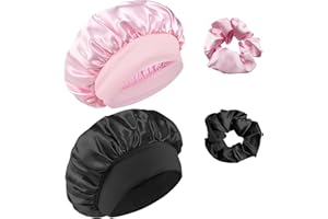 Admygo Satin-Mütze für Nachthaar, mit Gummibändern und Haarkarten, Satin-Mütze, Schlafmütze, Haarschutz, Schwarz + Rosa
