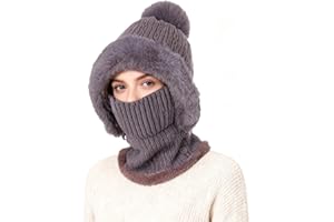 TAGVO Winter Warm Knitted Cap＆Neck Warmer Sets, Women Knit Balaclava Windproof Skimask, Flexible Beanie Hat with Hairball, Soft Thick Fleece Lined,Adjustable Face Mask for Outdoor Sports,Winter Gift