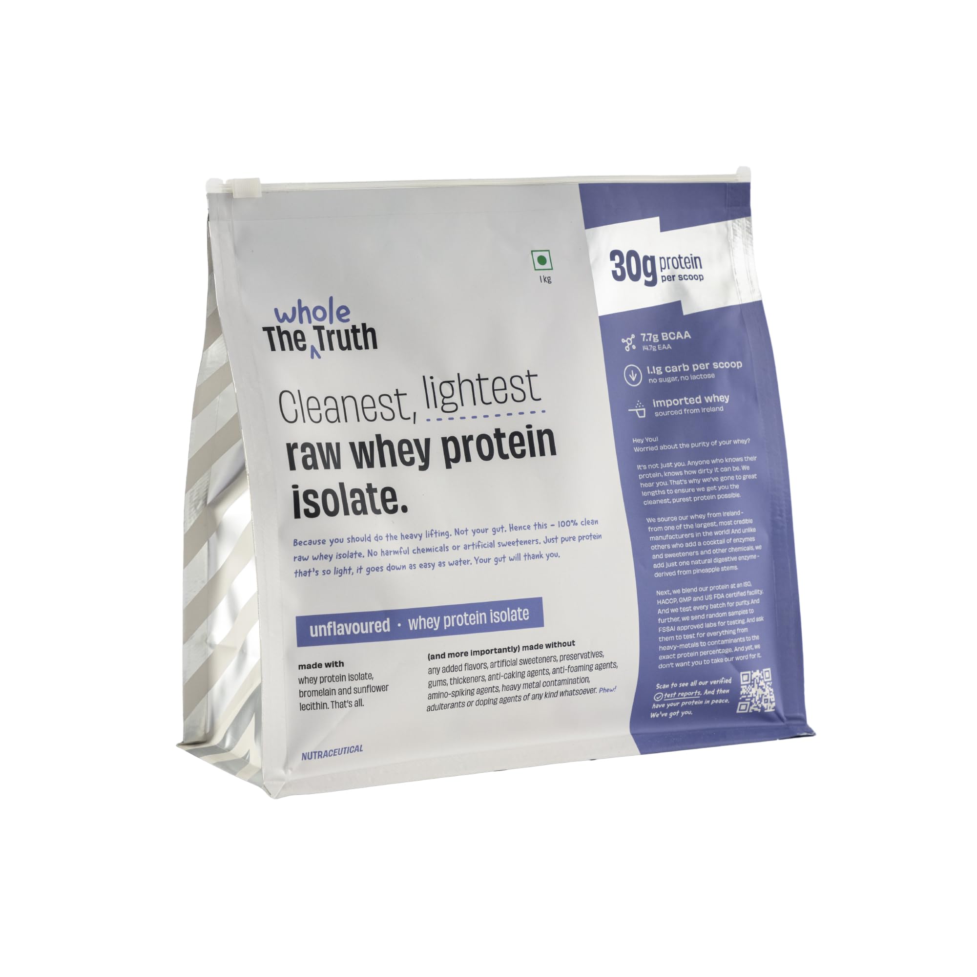The Whole Truth Whey Protein Isolate Unflavoured |1 kg (2.2 lbs) | 30g Protein| 7.7g BCAA | 100% Authentic Whey & No Adultera