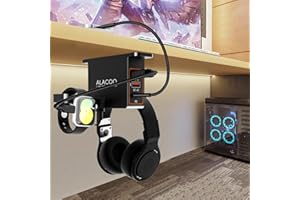 ALACOO Headphone Stand with USB Charger Under Desk Headphone Holder with 3-Port USB Charging Station (20W PD & QC3.0) and iWatch Stand Smart Watch Charging Dock Dual Earphone Hanger Hook