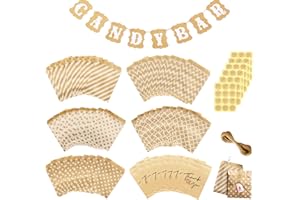 Candy Bar Dekoration Zubehör Set BOZILY Candy Bar Deko Banner mit 60x Kraftpapier Tüten, 72x Aufkleber, 10m Seil für Candybar Deko Geburtstag Hochzeit Party Süßigkeiten Party