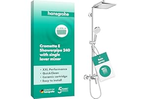 hansgrohe Crometta E - Colonne de douche avec mitigeur mecanique, douche pluie (240 x 240 mm) avec robinet, douchette, support, flexible de douche, barre et douche de tête carrée, Chromé, 27284000