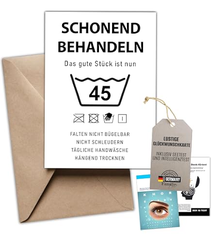 Lustige Geburtstagskarte „Schonend Behandeln! 45“ – DIN A6, Mit Umschlag, Witziges Wäsche-Etikett-Design