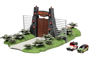 Jada Toys Jurassic World Nano Scene (17 x 18 cm) – tło do zabawy z bramką Jurassic Park, 2 metalowe samochody (Jeep Wrangler i Ford Explorer) i dekoracja dinozaura, dla fanów i dzieci od 6 lat