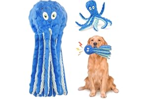 Glirop Interactive Octopus Toy With Squeaky Plush, Crinkle Paper - No Stuffing Chew and Tug for Small Medium and Large Dog Training Playing (Blue)