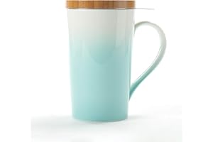 ‎TEANAGOO TEANAGOO Filiżanka do herbaty z filtrem i pokrywką, 500 ml, M066-G Kubek zielonej herbaty z sitkiem, zaparzacz do sypanej herbaty Kobiety Leaf Steeper Sitka do zaparzania Rozbrajacze Bambus