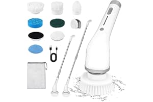Sunfry Brosse Electrique Nettoyage Rotative 7 têtes Brosse Remplaçables & Poignée Réglable,Electric Spin Scrubber Brosse Nettoyage sans Fil Salle Bain Cuisine Voiture A7 Blanc 43x15x10cm