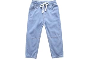 Happy Cherry - Boy Denim Pants Kids Boot Cut Jeans Elasti Waist Casual Summer Pants Cotton Stretch Trousers Loose Fit Breathable with Adjustable Drawstring for Child Age 2-12 Years