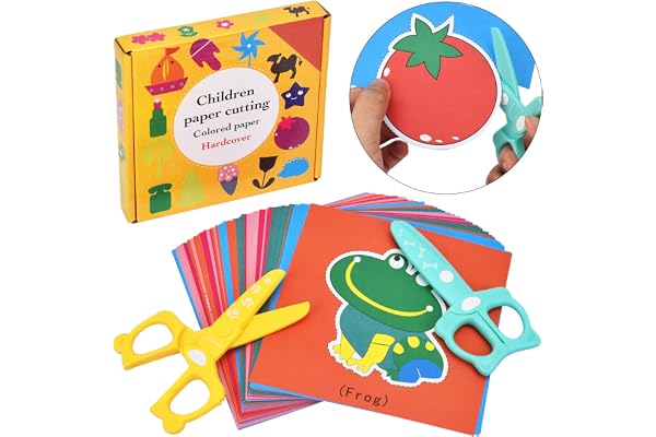 DealKits Lot de 2 ciseaux de sécurité pour enfants + 48 feuilles de papier - Kit d'activités de découpe de papier amusant - Pour la maternelle, la crèche, la crèche, le bricolage, les jouets éducatifs