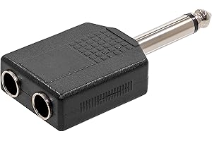 Plugger, adaptateur double fiche Jack femelle mono 6.35mm vers fiche Jack mâle stéréo 6.35mm. Permet de brancher tous types d’appareils audio pour transformer 2 canaux mono en signal stéréo.