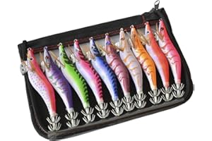 TOPIND Squid Jig Fishing Lures Kit 10pcs Luminous Tail Glow Fishing Wood Shrimp Lure Artificial Fishing Hooks Hard Octopus Cuttlefish Prawn Shrimp Fishing Bait with Bag