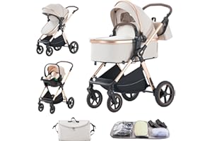 BEBBY Multifunzionale Carrozzina Passeggino Trio Combinazione Passeggino 3 in 1 Passeggino Ovetto Pieghevole Set Passeggino Neonato Sedili Parapiedi Zanzariere D2-RICEWHITE