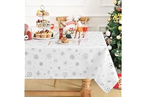 Alishomtll Christmas Tablecloth White with Silver Snowflakes, 152x213cm Rectangular Water Resistant Table Cover, Wipe Clean Christmas Table Cloth for Kitchen Indoor Outdoor Garden Tables (60x84inch)