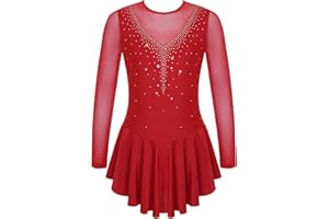 IEFIEL Robe Gymnastique Enfants Filles Justaucorps Patinage Sur Glace Strass Artistique Enfant Justaucorps Ballet Danse Spectacle à Manches Longues Dancewear 4-16 Ans