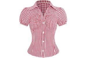 GORGLITTER Traditionell blus damer, modern skjortblus, rutig blus med knappar, Dirndlblus, Oktoberfest outfit, blustoppar