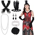 FEPITO 1920s V Neck Sequin Beaded Fringed Dress with 20s Accessories Set