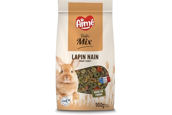 AIME- NUTRI'MIX- Nourriture pour Lapin Nain - Mélange varié Pour Aliment Complémentaire Lapin Nain - Contient des Fibres et des Vitamines - Sac de 900g