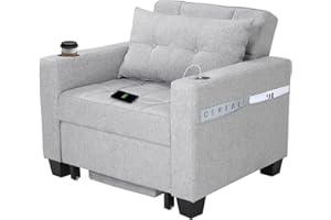 DURASPACE Light Grey Linen Modern Recliner Adjustable Backrest Armchair Sleeper Chair Bed With USB Port, Cup Holder, Side Pockets, Bottom Storage Basket For Home Living Room